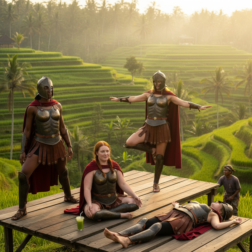 Friends in Spartan costume doing yoga above the rice terraces in Bali