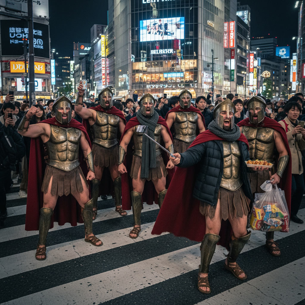 Friends in Spartan costume crossing Shibuya in Tokyo at night